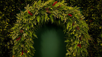 A lush green archway adorned with pine needles and small red berries creating a natural entrance