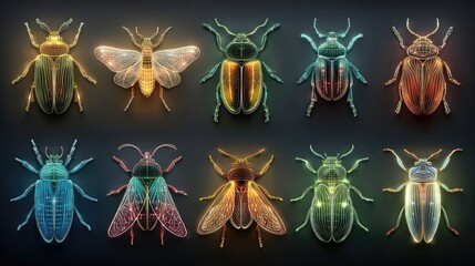 Neon glowing pest control vector icon set featuring multiple insects, line illustrations styled with radiant glow for modern agricultural design