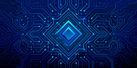 Abstract blue circuit board pattern with a glowing diamond shape in center