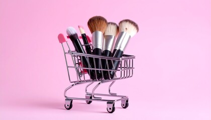 Miniature shopping cart filled with various makeup brushes against a vibrant pink backdrop, creating a playful cosmetic scene