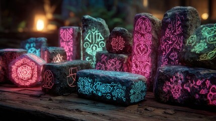 Neon glowing rune stones and artifacts showcasing glowing mystical symbols and vibrant neon colors perfect for digital art and fantasy storytelling.