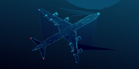 Obraz premium Futuristic low poly airplane design in a dark blue digital space