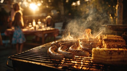 Grilling Sausages and Corn for National Barbecue Day Celebration with Happy Family Playing in Sunny Backyard Garden