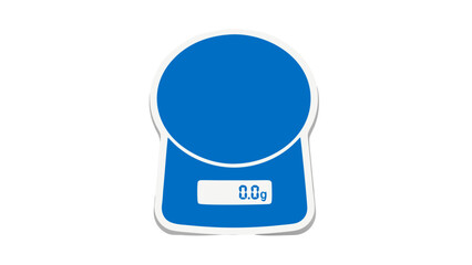 Blue digital kitchen scale with a round platform and a digital display showing zero grams isolated on a black background suitable for food preparation and weighing ingredients
