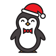 Penguin in Santa hat colorful icon with editable stroke. Minimal cute Christmas character for winter holiday cards, web, apps, stickers and festive branding.