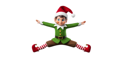 Christmas elf toy jumping with arms outstretched, isolated on transparent background