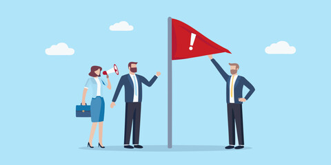 Obraz premium Business team announces important news with a raised flag and megaphone