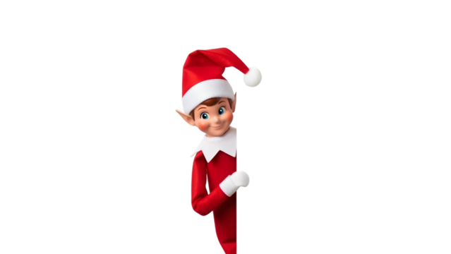 Cute smiling christmas elf peeking with santa hat isolated on transparent background - Powered by Adobe