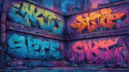 Obraz premium Neon graffiti walls in 3D environments featuring glowing spray paint effects, dynamic textures, and vibrant neon colors ideal for digital murals and urban art.