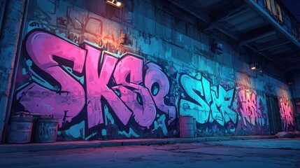Neon graffiti walls in 3D environments featuring glowing spray paint effects, dynamic textures, and vibrant neon colors ideal for digital murals and urban art.