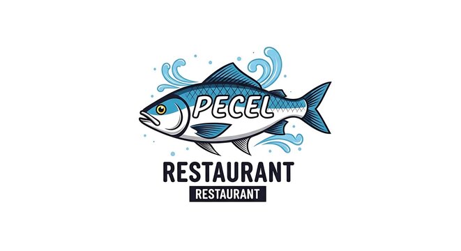Pecel Restaurant Logo with Blue Fish and Water Splash Design.