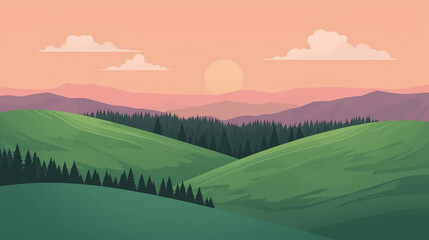 Sunset Mountain Valley Vector Illustration — Rolling Green Hills with Winding Path, Dense Pine Forest Silhouettes and Distant Pink Mountains under a Warm Pastel Sky — Minimalist Scenic Landscape