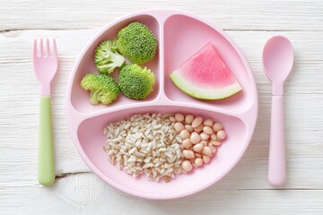Balanced meal for kids: broccoli, watermelon, brown rice, and beans on a pink plate