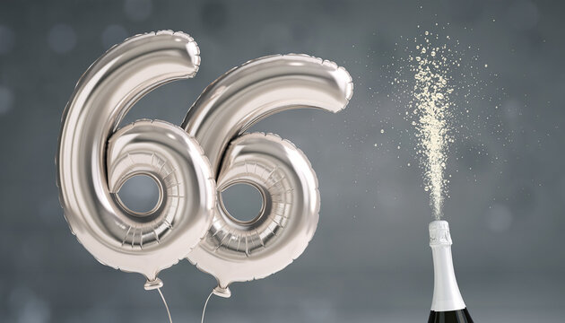 Number 66 balloon with popping champagne bottle. Celebrating a milestone, anniversary or birthday