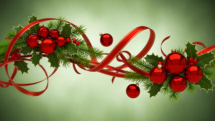 Festive christmas garland with red baubles and ribbon on a soft green gradient background