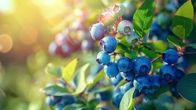 Close-up of ripe blueberries on bush with sunlight glowing in background