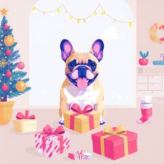 illustration of a French Bulldog greeting small animal friends