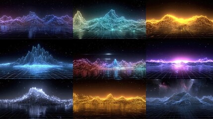 Neon grid wireframe landscapes showing glowing geometric networks, cyberpunk aesthetics, futuristic digital scenes for NFT backgrounds, sci-fi art, and tech design.