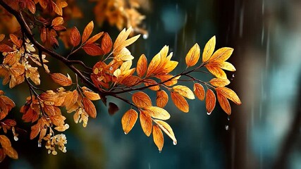 A close-up of a tree branch displaying vibrant golden and orange autumn leaves, with streaks of rain falling and water droplets clinging to the edges against a moody, dark teal background. - Powered by Adobe