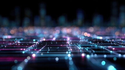 Neon grids and glowing tech lines forming digital network patterns, futuristic circuitry, and modern business tech visualizations with bright electric blue and pink hues
