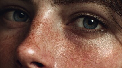 Young girl with her face slightly tilted, looking towards the center, with many freckles and blue eyes, macro image