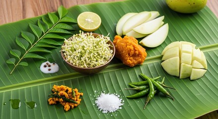 Indian cuisine ingredients on banana leaf