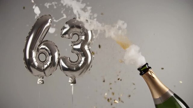 Number 63 balloon with popping champagne bottle. Celebrating a milestone, anniversary or birthday