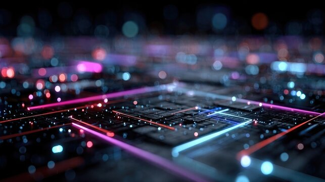 Neon grids and glowing tech lines forming digital network patterns, futuristic circuitry, and modern business tech visualizations with bright electric blue and pink hues - Powered by Adobe