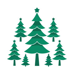 Set of various green Christmas trees with star icons. Collection of pine and fir tree shapes in flat design vector.