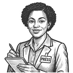 woman reporter with a press badge taking notes, ideal for news, media, or storytelling themes sketch engraving generative ai fictional character raster illustration. Scratch board. Black and white.