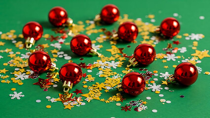 Red Christmas baubles with gold and silver confetti on green background