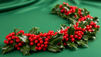 Close up of holly leaves and red berries forming a semi-circle on green fabric