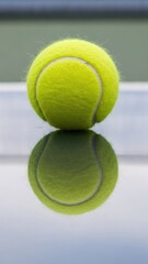 A vibrant tennis ball with prominent white lines is perfectly reflected on a polished surface, set against an outdoor court backdrop