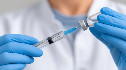 Medical professional wearing blue protective gloves drawing vaccine solution from a vial into a syringe, preparing for immunization and disease prevention in a healthcare setting with copy space