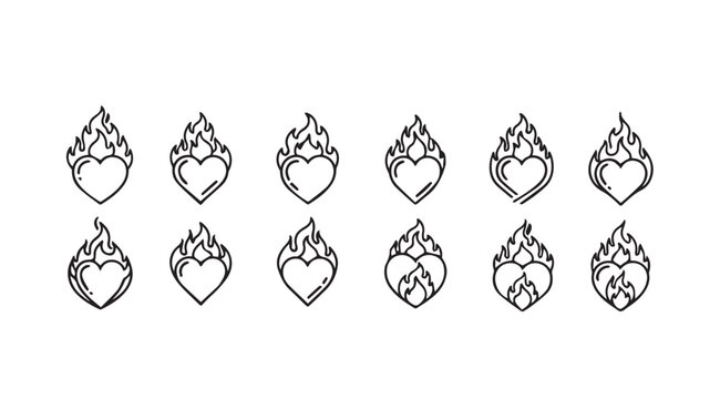 Collection of ten stylized flaming heart designs in a distinctive silhouette style