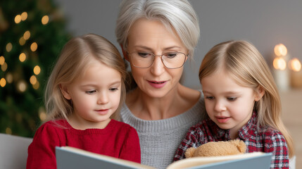 Grandmother reading a captivating storybook to two young granddaughters, bonding during a cozy christmas holiday with a focused multi generational moment