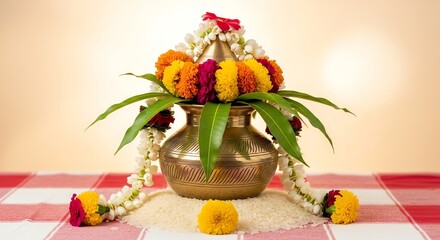 Brass pot decorated with flowers and leaves