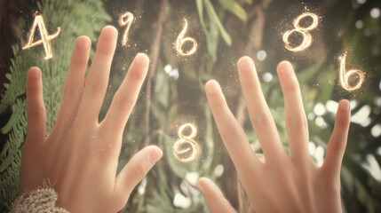 Woman&rsquo;s Hands with Numerology Rings, Mystic Numbers Jewelry
