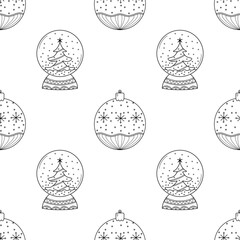 Seamless pattern. Line drawing of winter symbols. For your design. snow globe, Christmas tree decoration