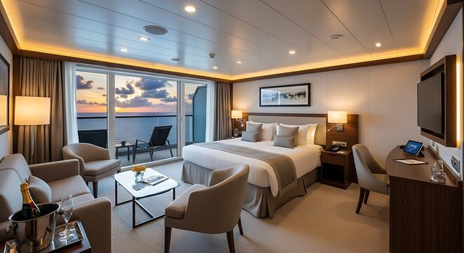 Luxurious Cruise Ship Balcony Suite with Ocean View at Sunset.