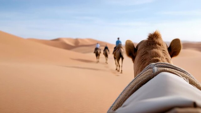 close up camel caravan with drivers moving through giant sand dunes under clear blue sky in desert,