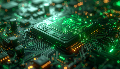 Circuit Board's Energetic Display: An intricate circuit board illuminated with vibrant green and orange hues, highlighting its complex electronic pathways and technological prowess.