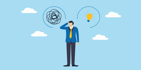 Man contemplating a tangled mess transitioning into a bright idea concept