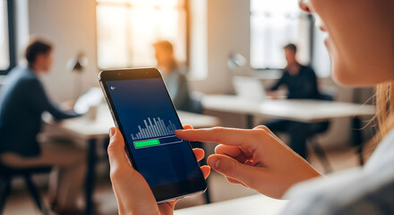 Woman holding smartphone with progress bar and bar chart on screen. Data processing and analysis with mobile technology in office workplace.