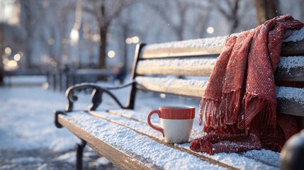 snowy park bench with red blanket and cocoa mug,