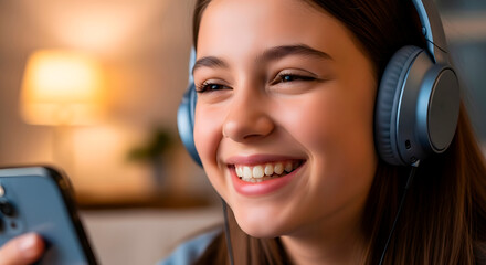 Young caucasian girl with headphones and cellphone listen music. Entertainment and leisure concept for music streaming services and educational apps.