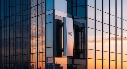 Modern building with 5G sign. Telecommunication infrastructure. High-speed mobile network for smart city concept and future wireless technology.