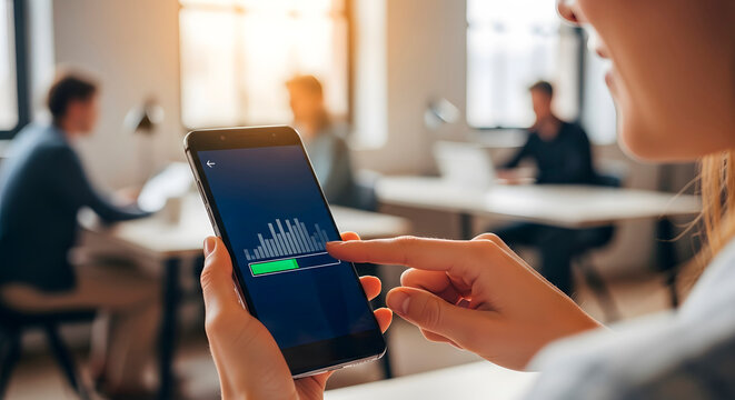 Woman holding smartphone with progress bar and bar chart on screen. Data processing and analysis with mobile technology in office workplace. - Powered by Adobe