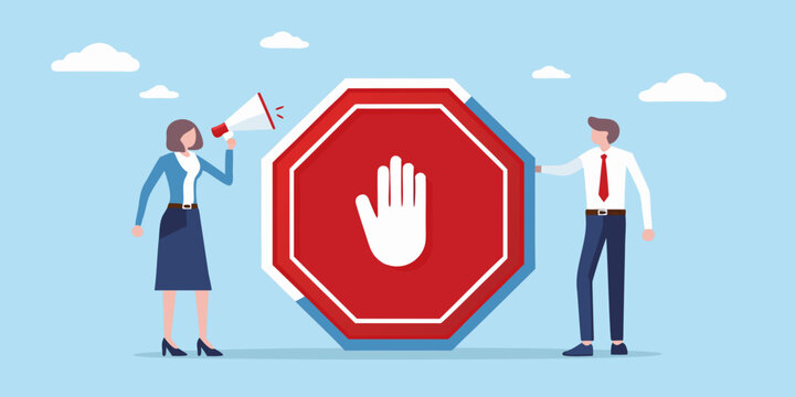 Stopping communication a businesswoman announces a halt with a stop sign
