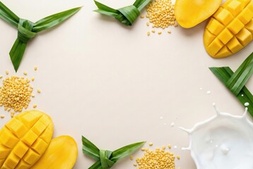 Thai mango sticky rice dessert ingredients frame with ripe yellow mango coconut milk splash pandan leaves and mung beans on beige background top view flat lay concept